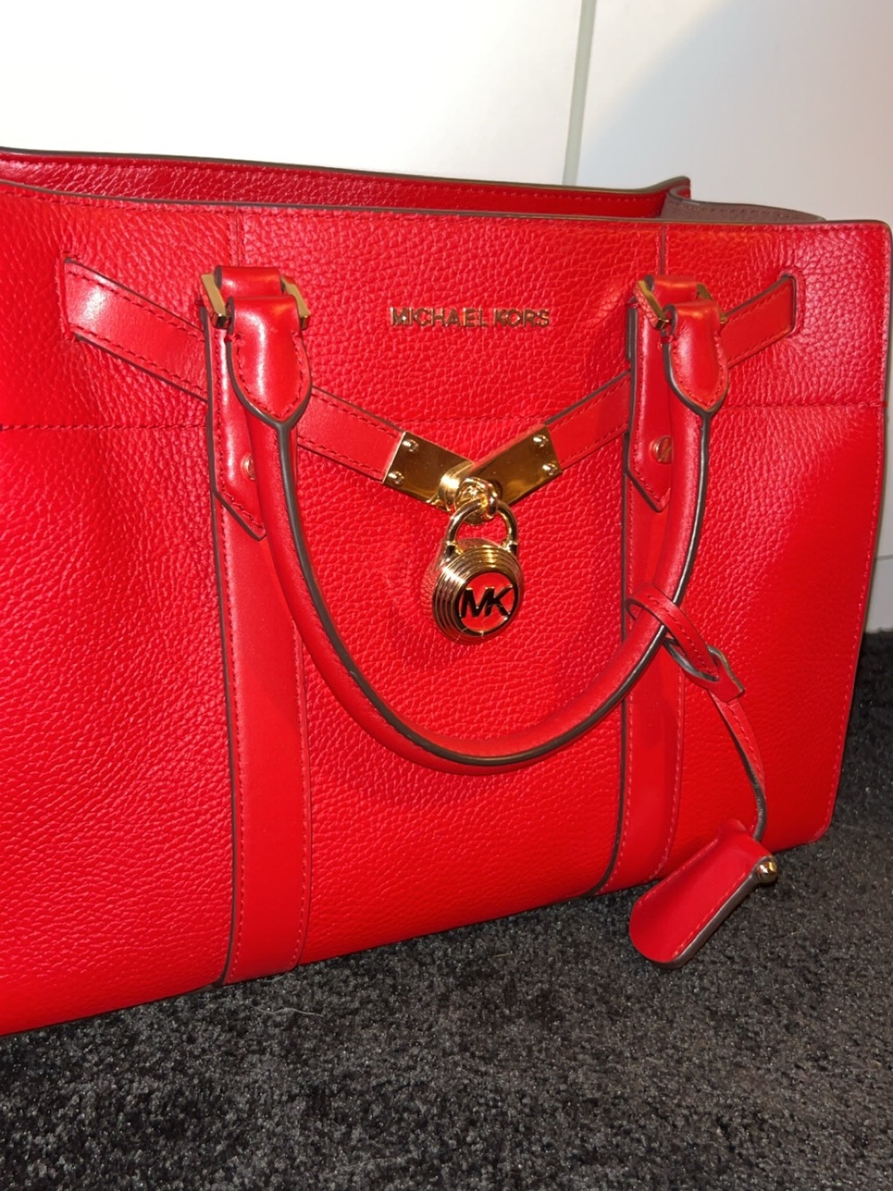 Michael Kors Vibrant Red Pebbled Leather Tote with Gold Accent